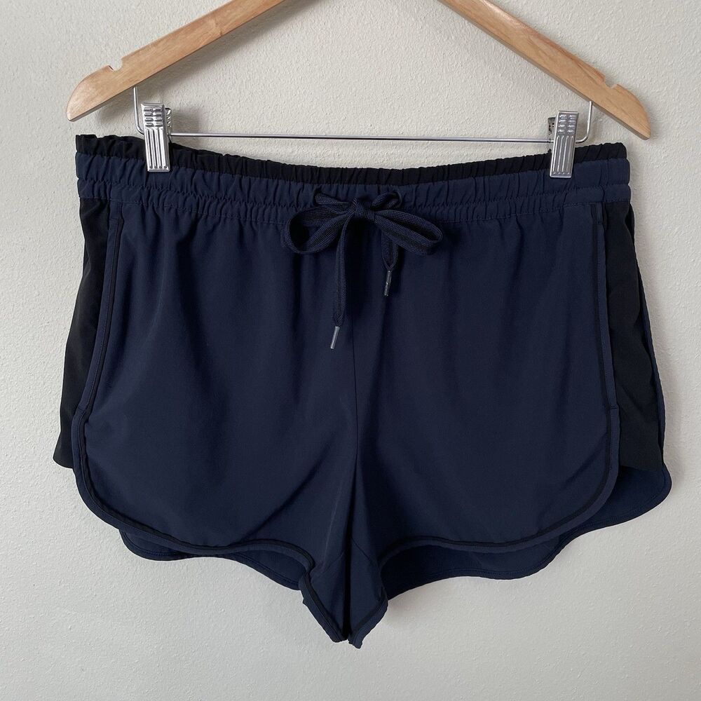 Athleta Colorblock Athletic Shorts Zipped Pockets Blue Black 3" Inseam Womens 14
